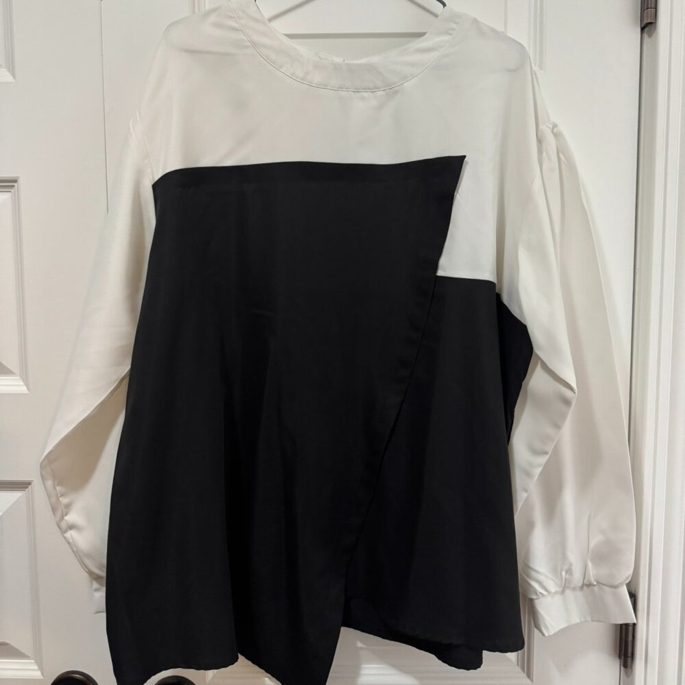 Black and White Asymmetrical Blouse – Long Sleeve Statement Top